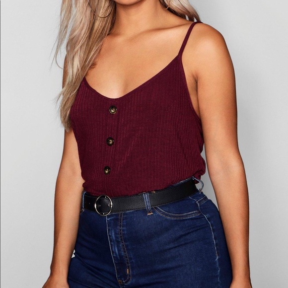 Boohoo Plus Maroon Rib Button Tank Top - Picture 5 of 5